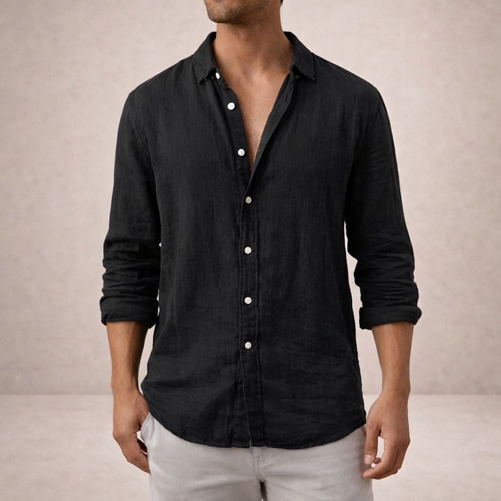 Herre Regular Fit Linned Knap-Ned Casual Skjorte