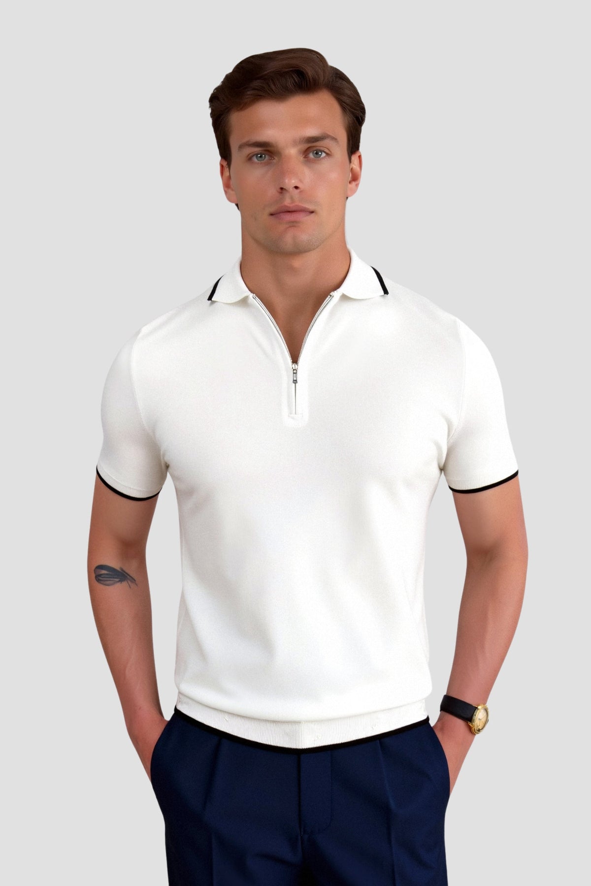 Herre Zip Neck Polo Smart Casual Strikket Sommer Skjorte