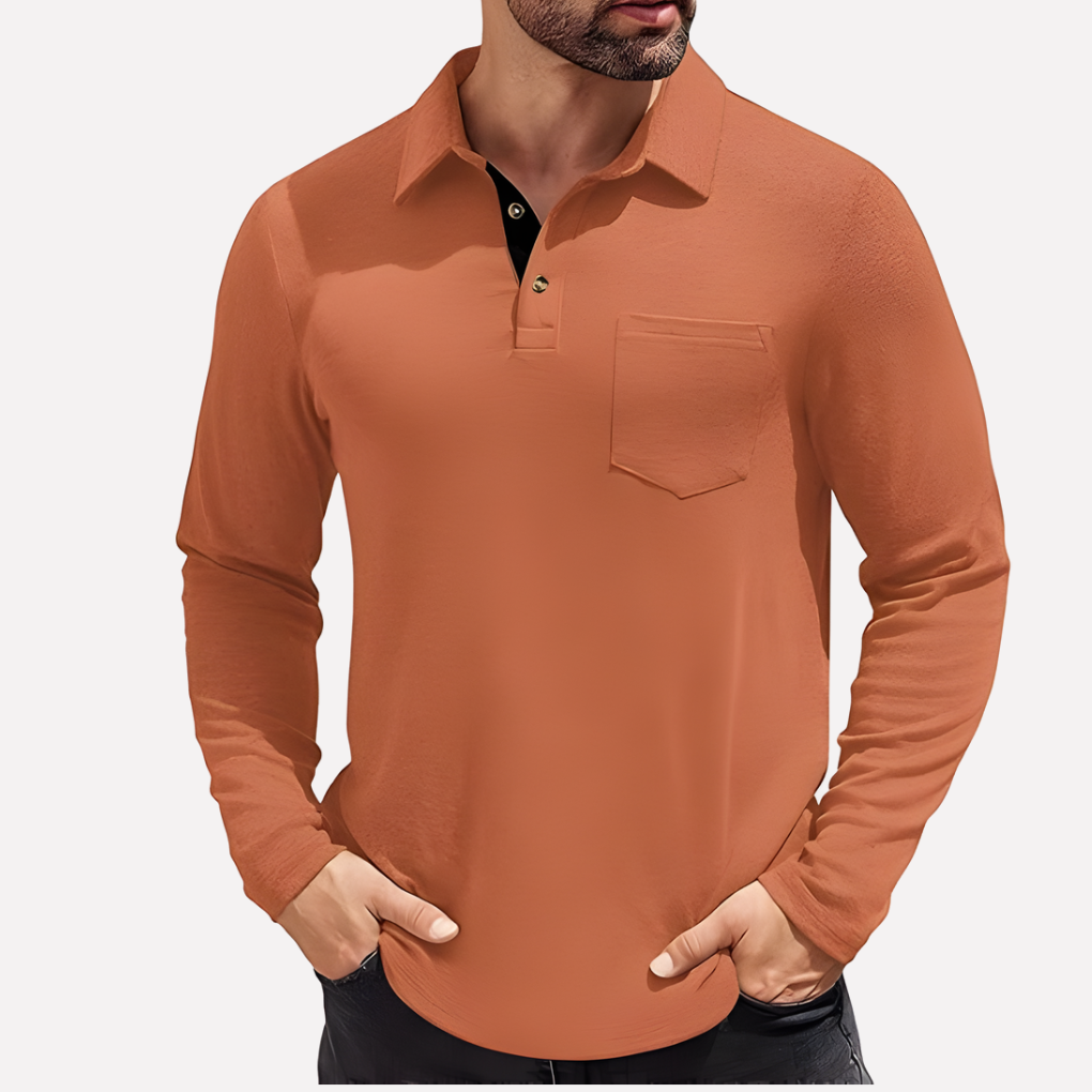 Herre Langærmet Polo T-shirt med Brystlomme, Casual Fit