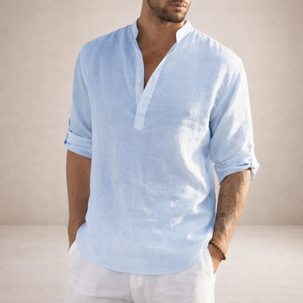Herre Linned Skjorte Åben Placket Rulleærmer Resort Fit