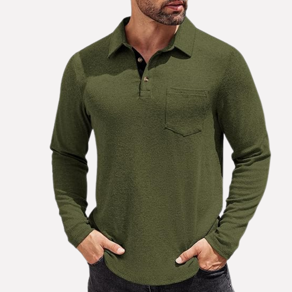 Herre Langærmet Polo T-shirt med Brystlomme, Casual Fit