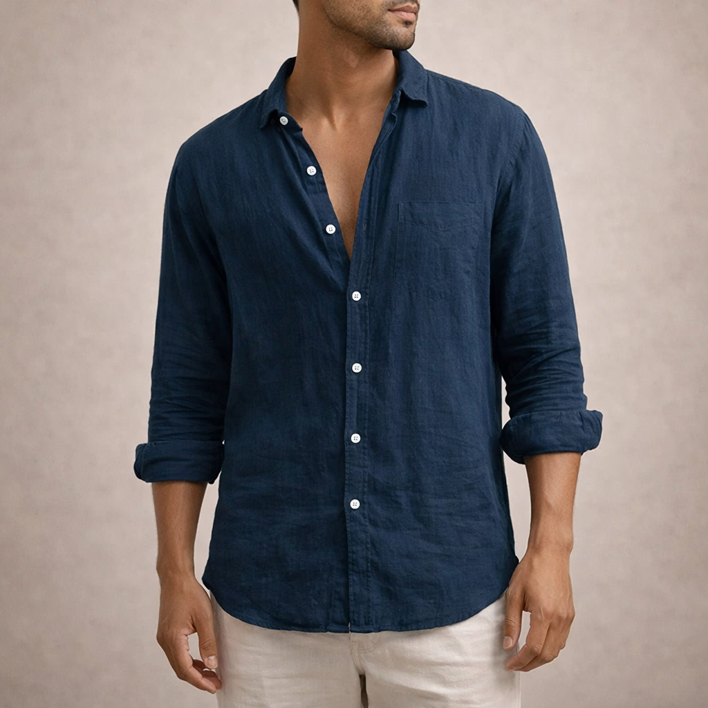 Herre Regular Fit Linned Knap-Ned Casual Skjorte