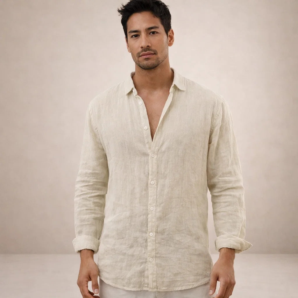 Herre Regular Fit Linned Knap-Ned Casual Skjorte