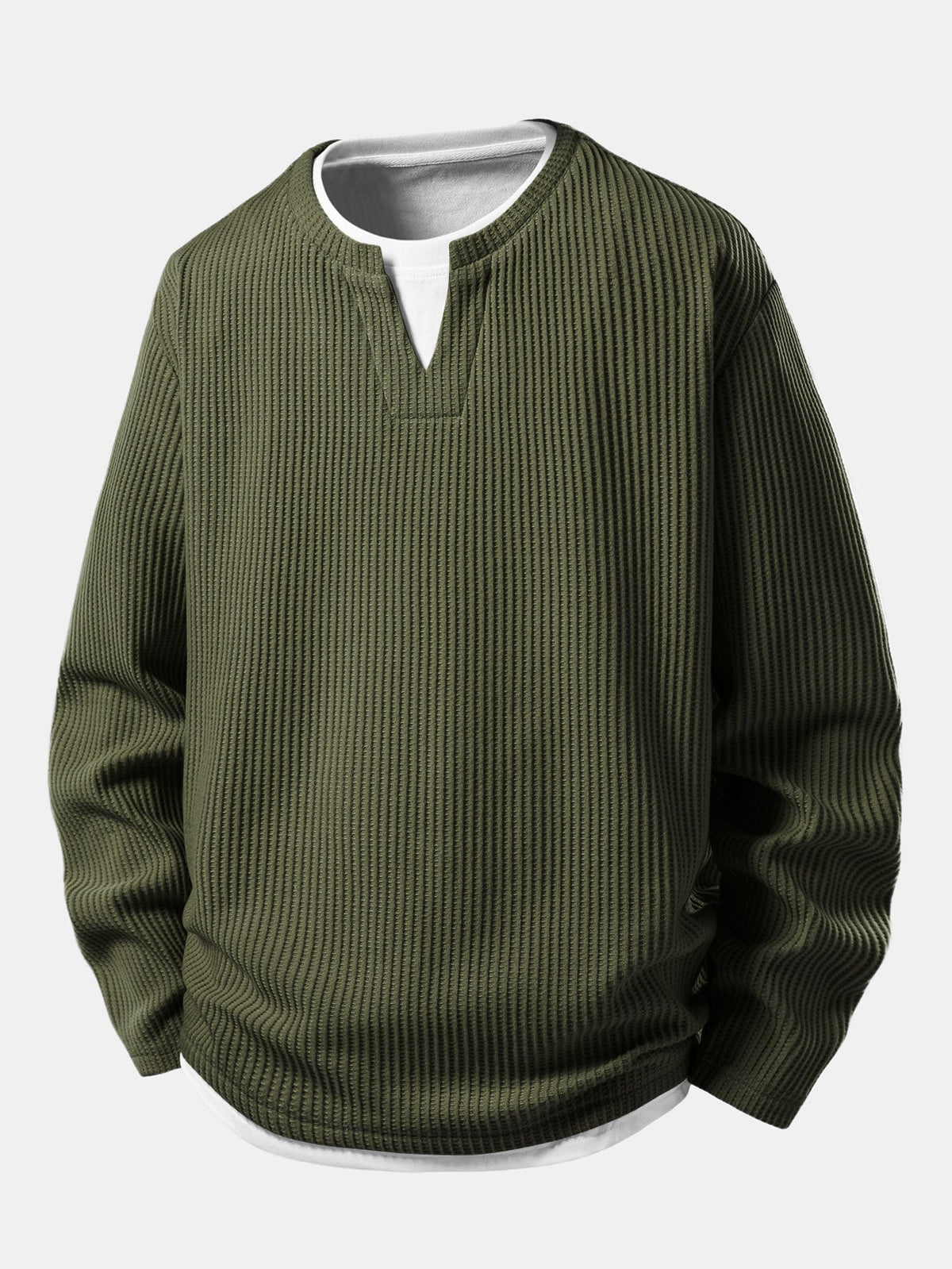 Herres Waffle Notch-Neck T-Shirt med Indbygget Lag – Afslappet Overgangs Langærmet