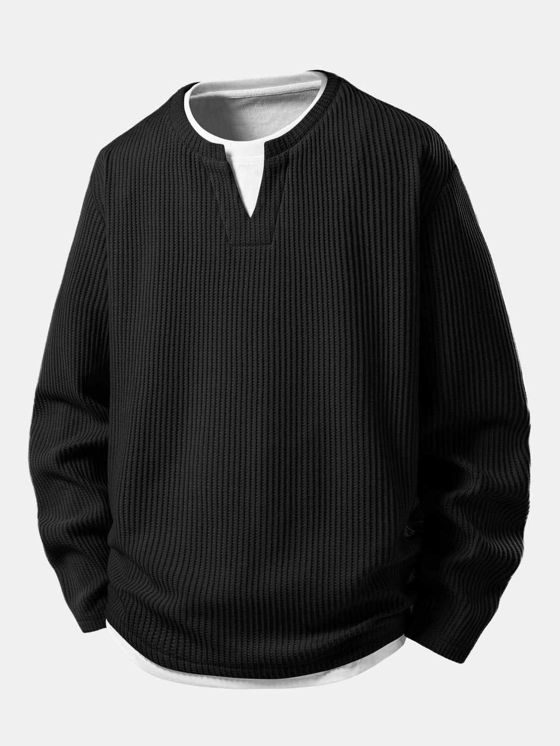 Herres Waffle Notch-Neck T-Shirt med Indbygget Lag – Afslappet Overgangs Langærmet