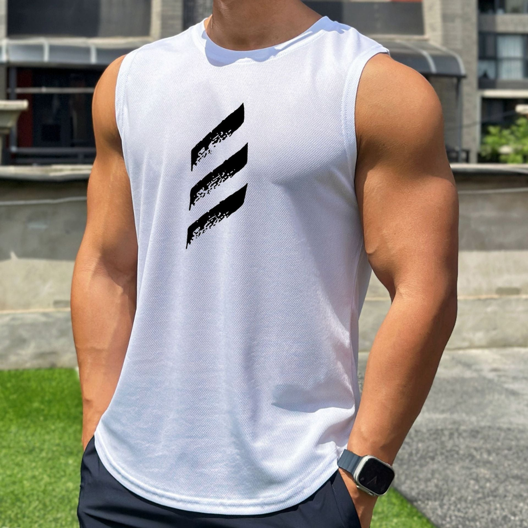 Herre Performance ærmeløs sportstop – Letvægts crew-neck træningstop med grafisk frontdetalje