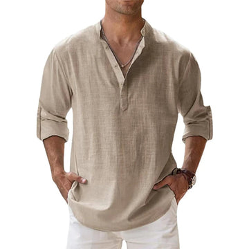 Herre Linned Henley Skjorte Afslappet Pasform Sommer Knap Hals Top