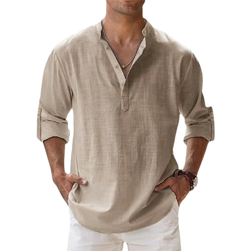 Herre Linned Henley Skjorte Afslappet Pasform Sommer Knap Hals Top