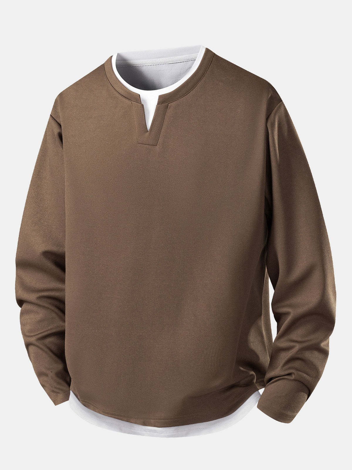 Herre Lagdelt Notch Hals Langærmet T-shirt – Afslappet Tekstureret Casual Top