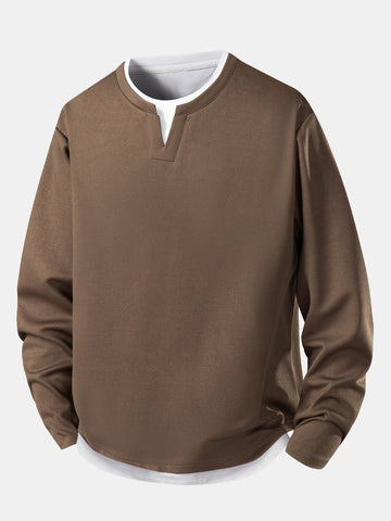 Herre Lagdelt Notch Hals Langærmet T-shirt – Afslappet Tekstureret Casual Top