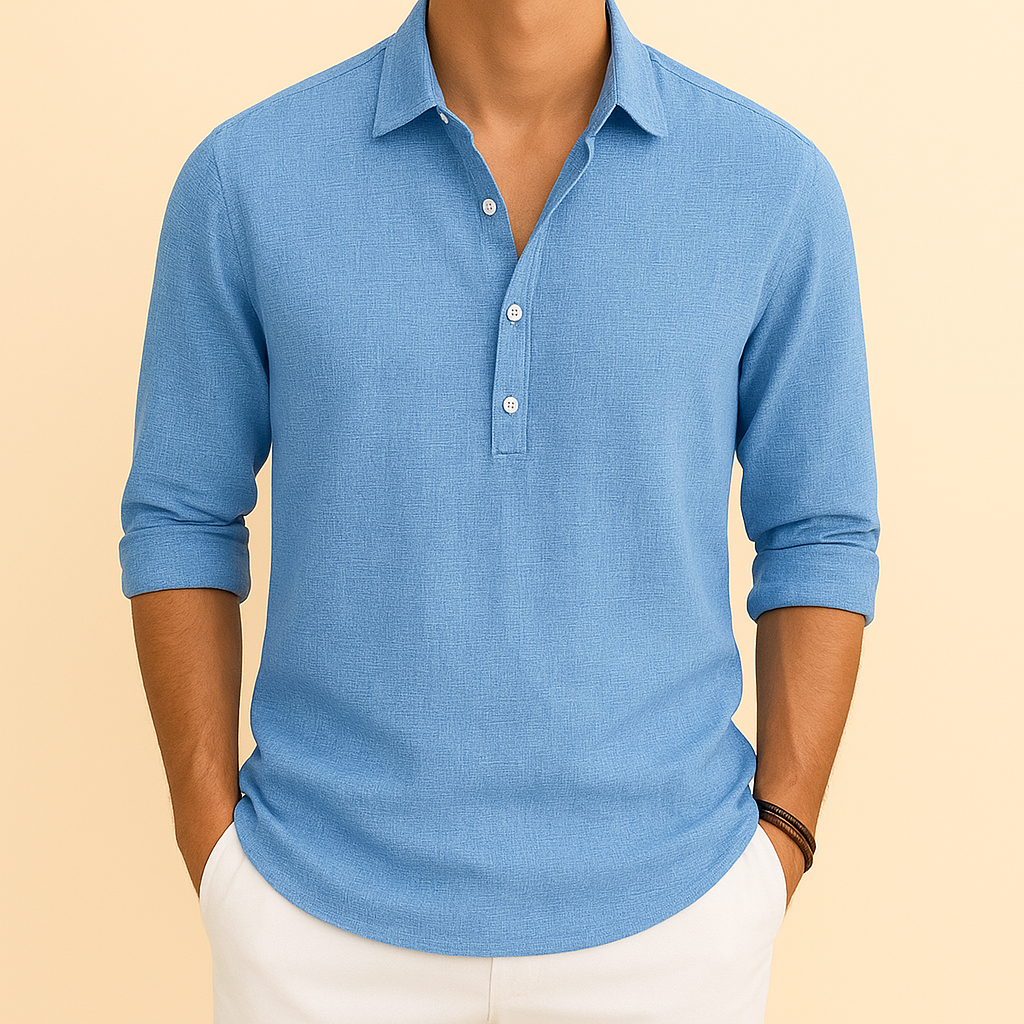 Herre Langærmet Polo Skjorte Relaxed Fit Knap Hals Top