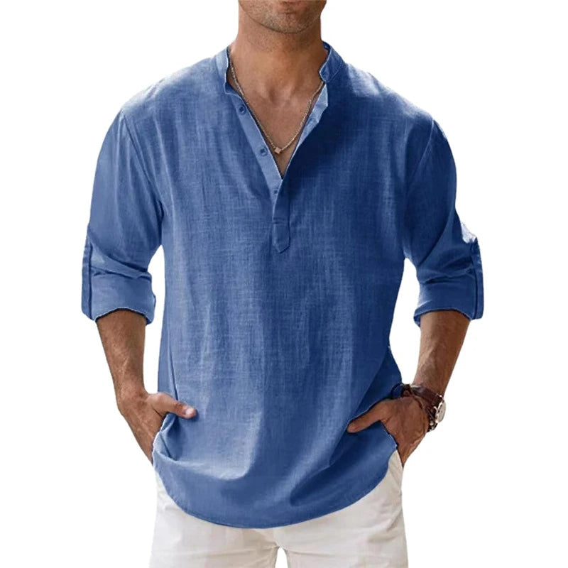 Herre Linned Henley Skjorte Afslappet Pasform Sommer Knap Hals Top