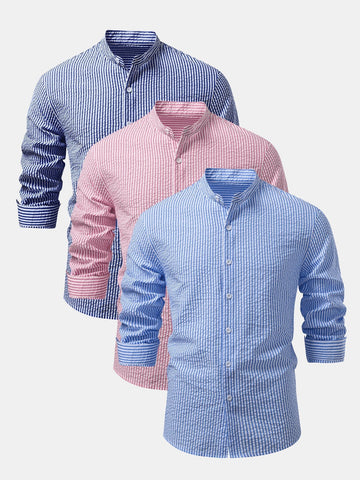 Herre Stand Collar Seersucker Skjorte Multipack – Tre Regular-Fit Hverdagslag