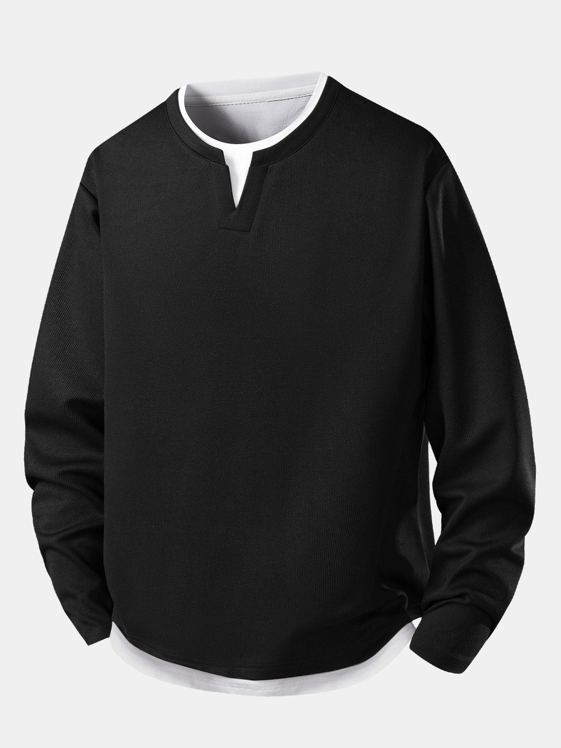 Herre Lagdelt Notch Hals Langærmet T-shirt – Afslappet Tekstureret Casual Top