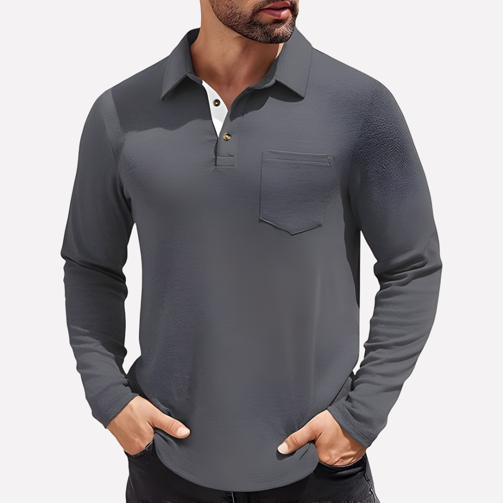 Herre Langærmet Polo T-shirt med Brystlomme, Casual Fit