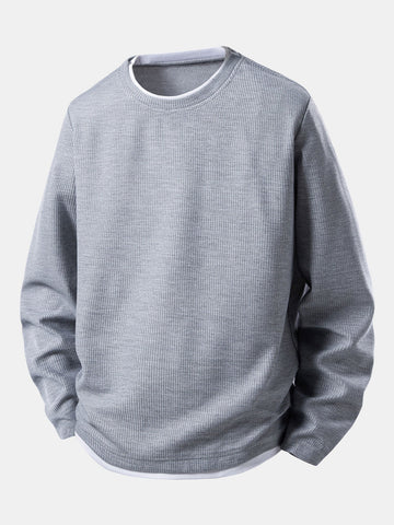 Herre Waffle Langærmet T-Shirt med Lagdelt Rund Hals – Efterårs Casual Essential