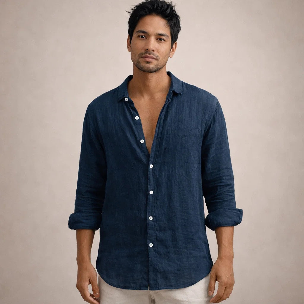 Herre Regular Fit Linned Knap-Ned Casual Skjorte