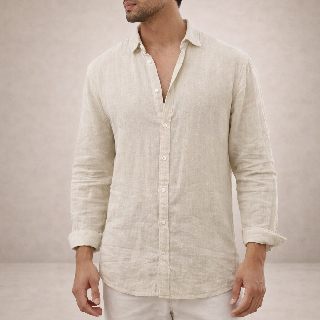 Herre Regular Fit Linned Knap-Ned Casual Skjorte