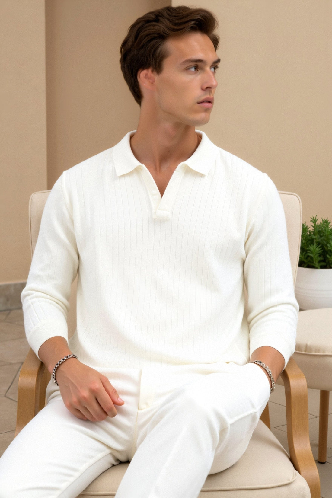 Mænds Ribbet Strikket Polo Langærmet Smart Casual Skjorte