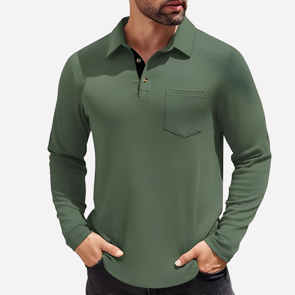Herre Langærmet Polo T-shirt med Brystlomme Casual Fit