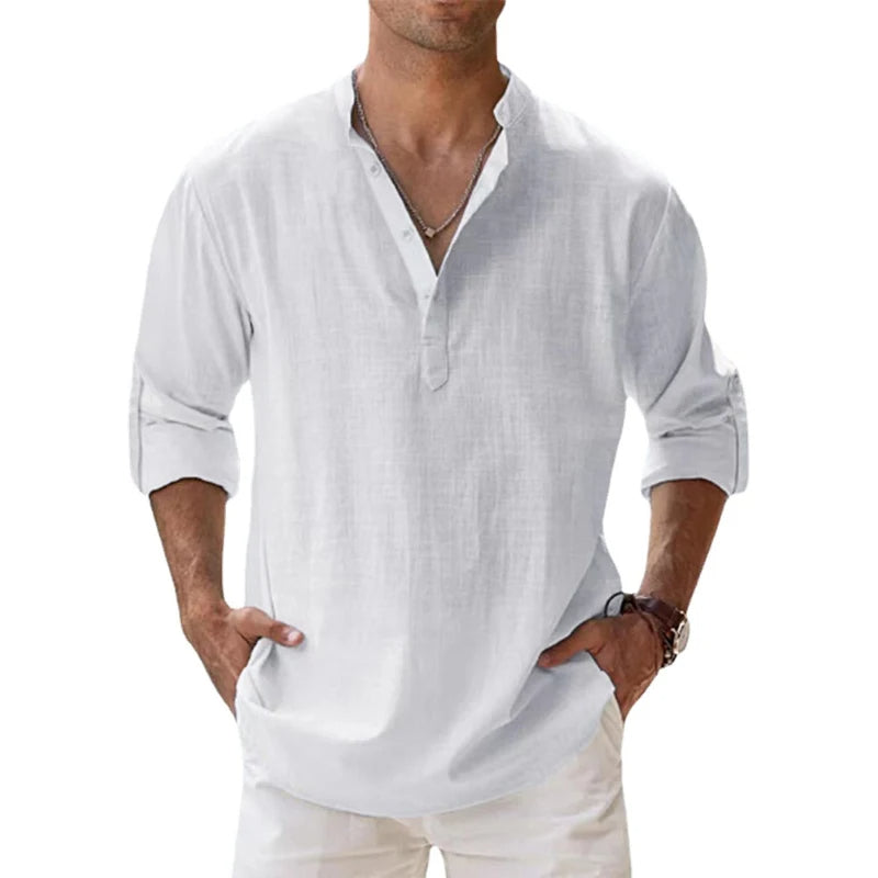 Herre Linned Henley Skjorte Afslappet Pasform Sommer Knap Hals Top