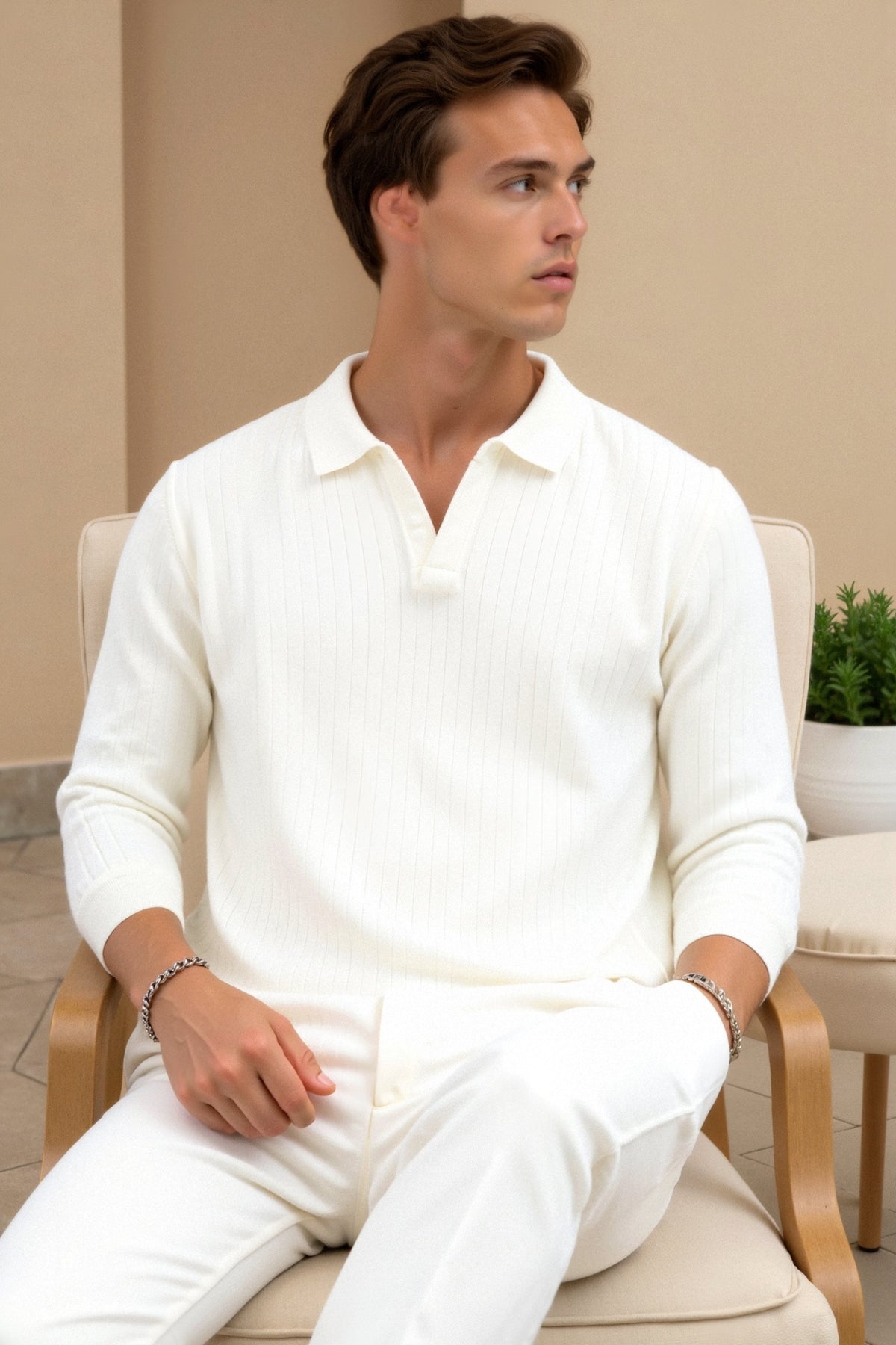 Herre Ribbet Strik Polo Langærmet Smart Casual Skjorte