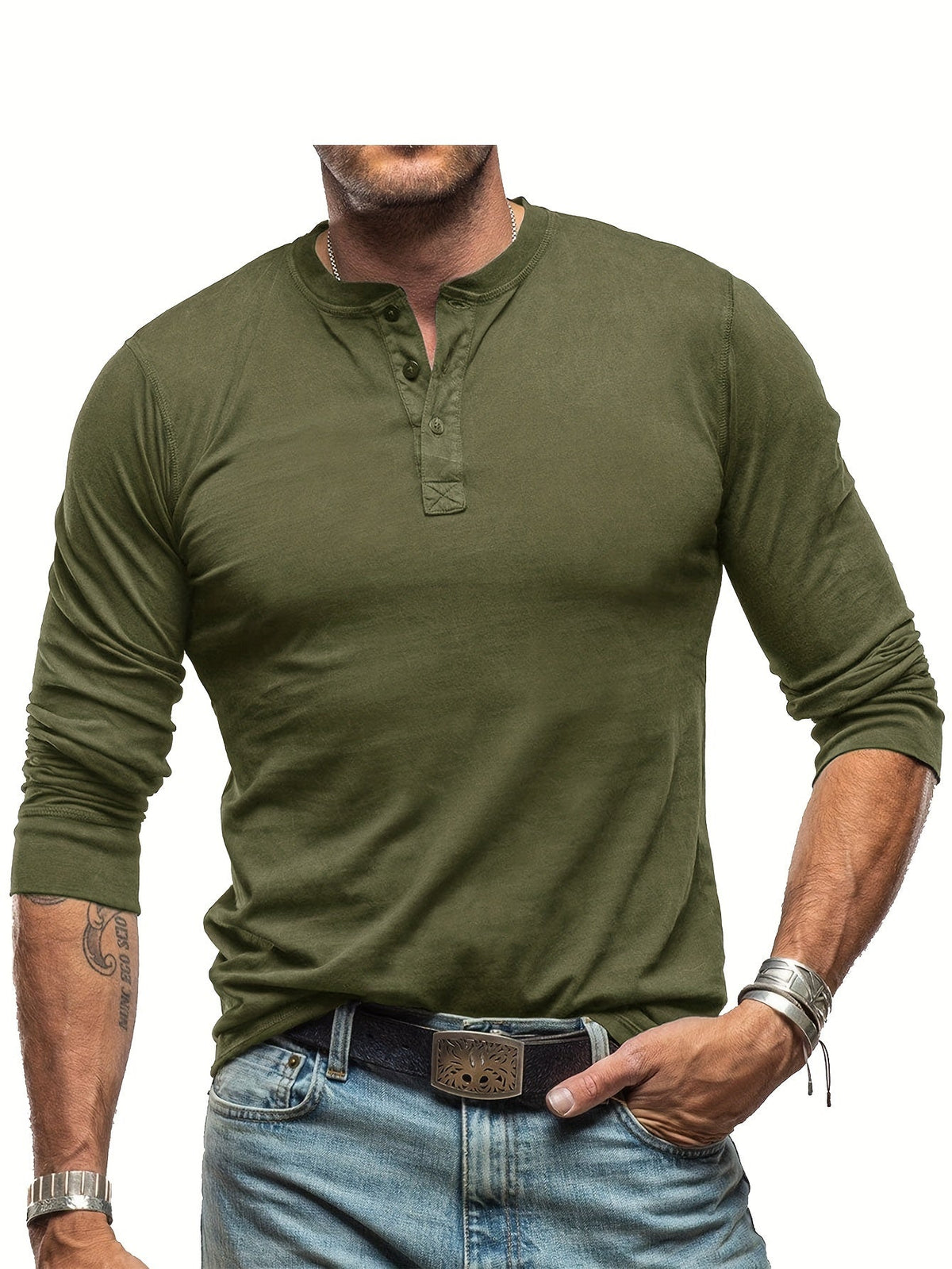 Herres Langærmet Henley T-Shirt – Stretch Casual Lag til Hverdagsbrug