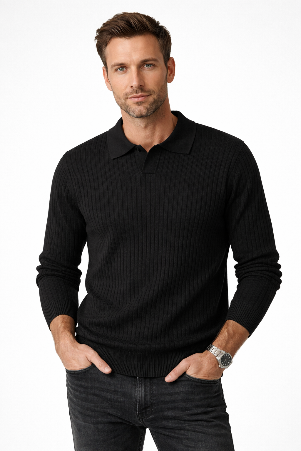 Herre Ribbet Strikket Polo Sweater V-Hals Slim Fit