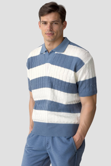 Herre Strikket Stribet Polo Tekstureret Smart Casual Sommer Skjorte
