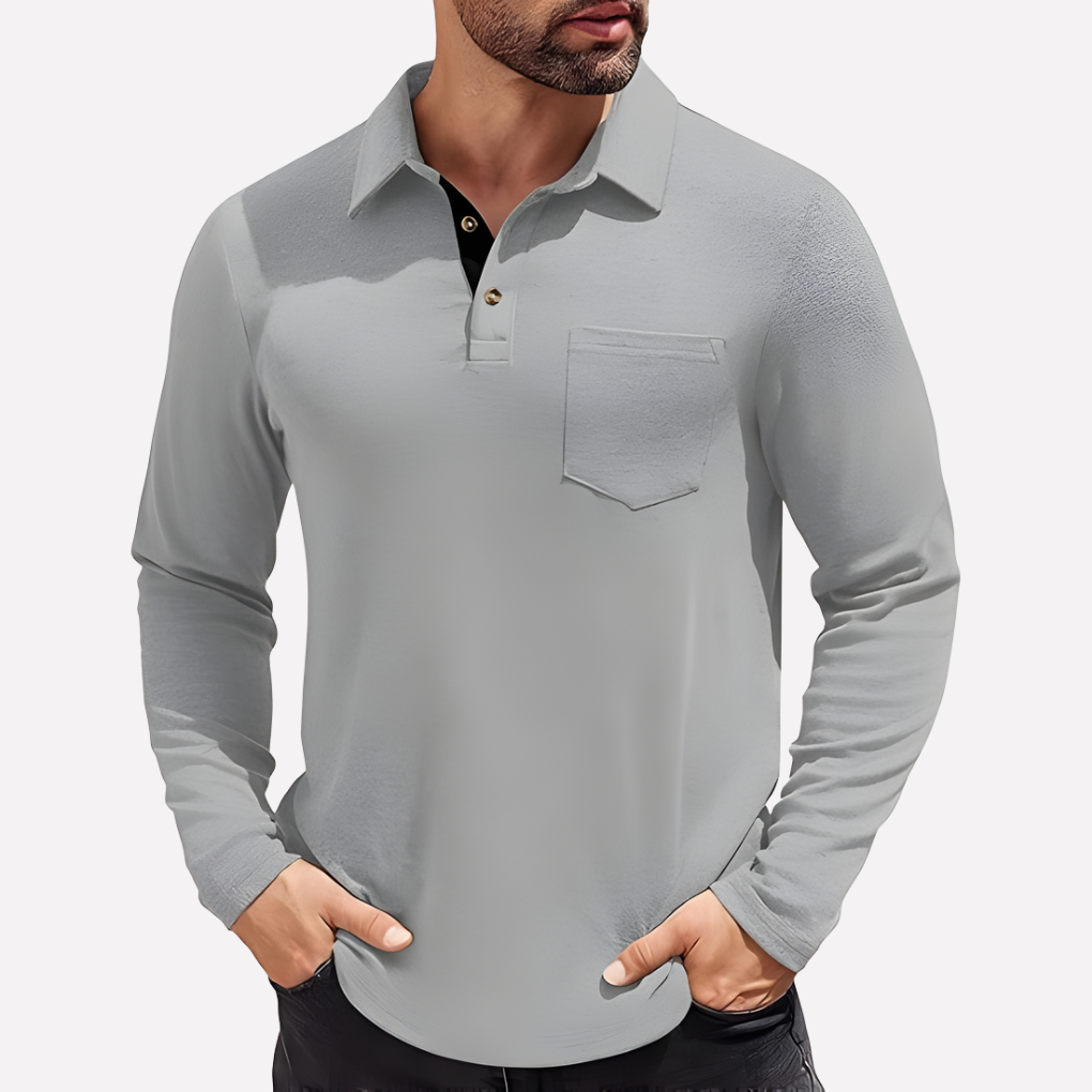Herre Langærmet Polo T-shirt med Brystlomme, Casual Fit