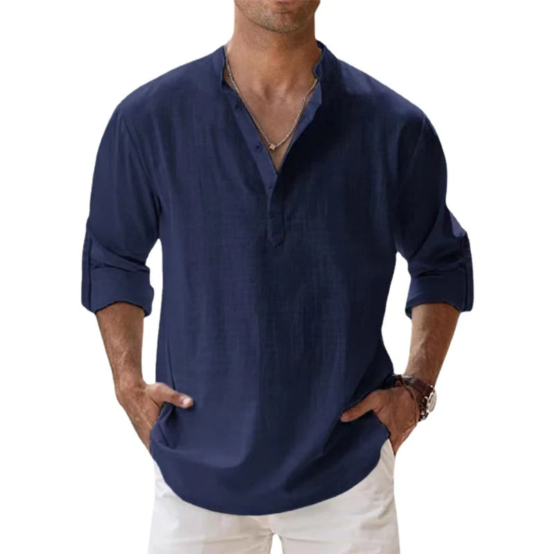 Herre Linned Henley Skjorte Afslappet Pasform Sommer Knap Hals Top