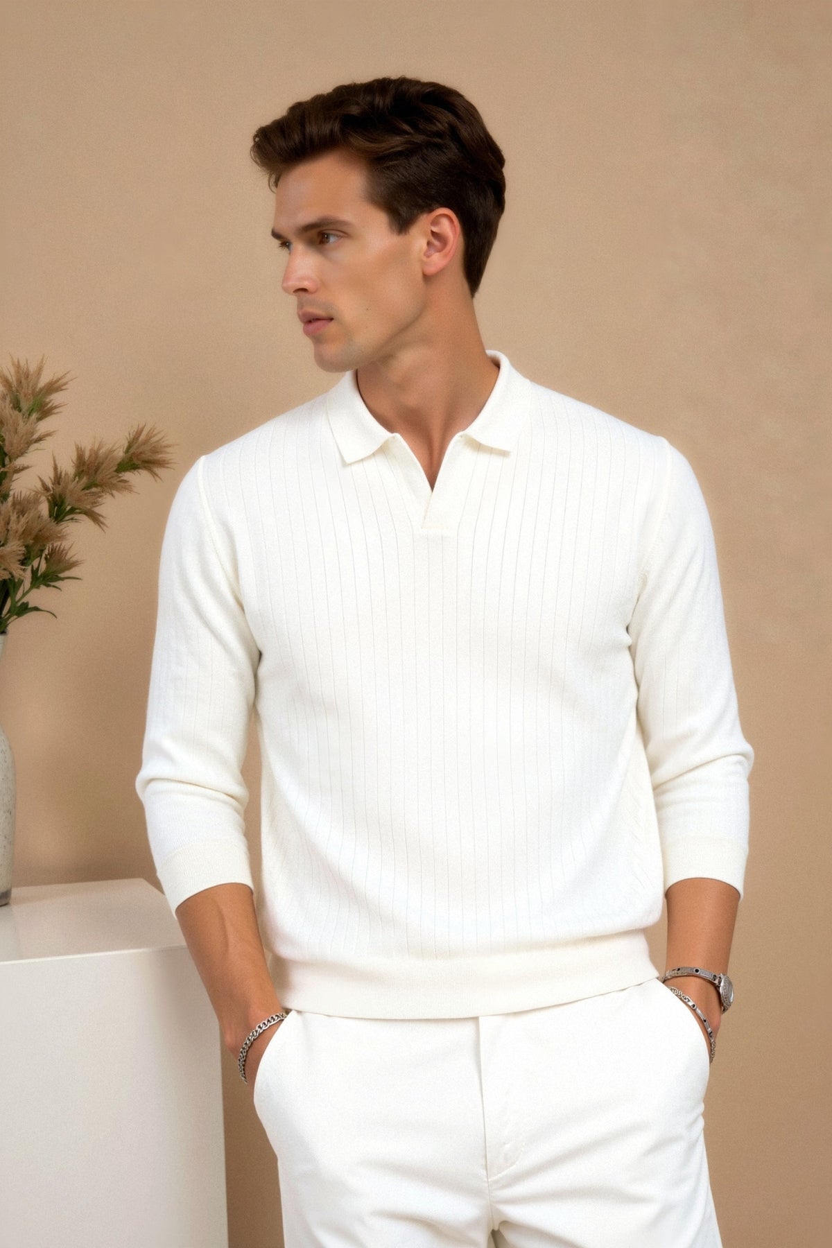 Herre Ribbet Strik Polo Langærmet Smart Casual Skjorte