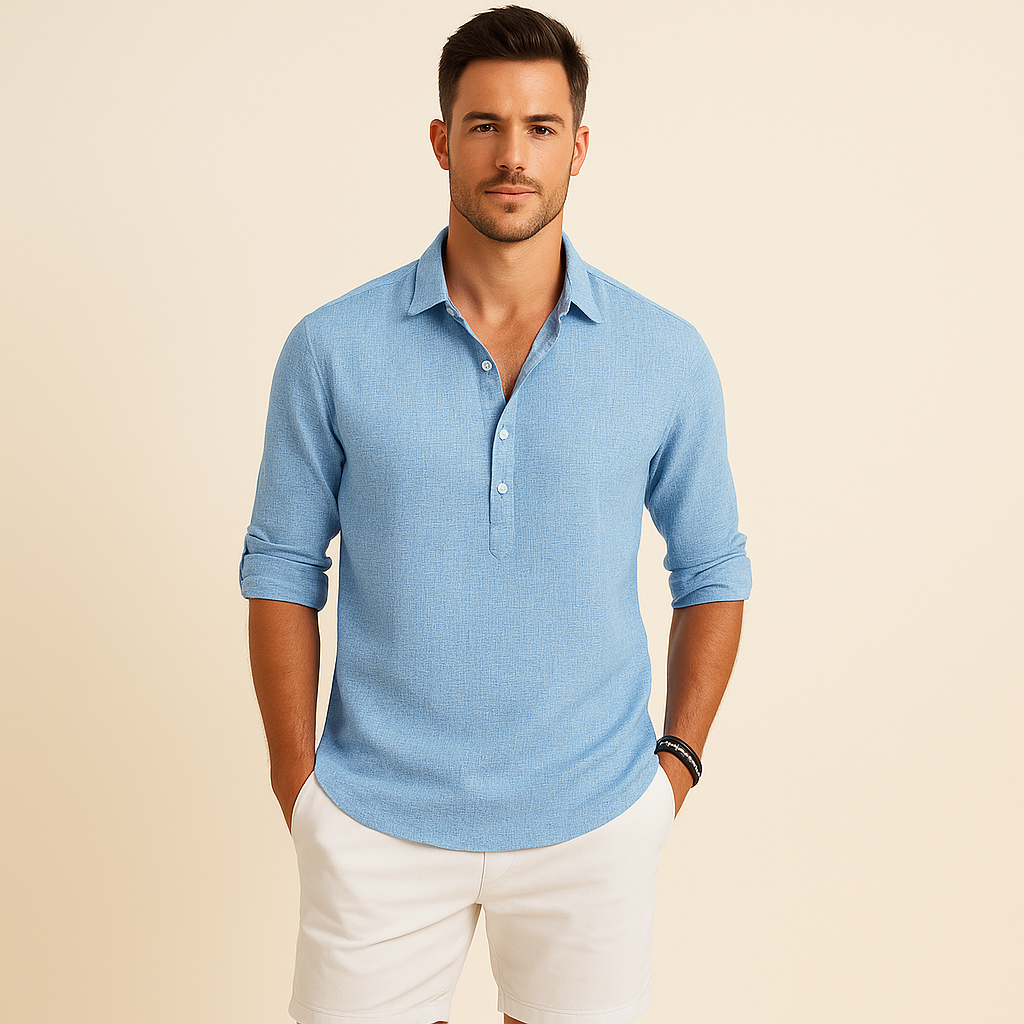 Herre Langærmet Polo Skjorte Relaxed Fit Knap Hals Top