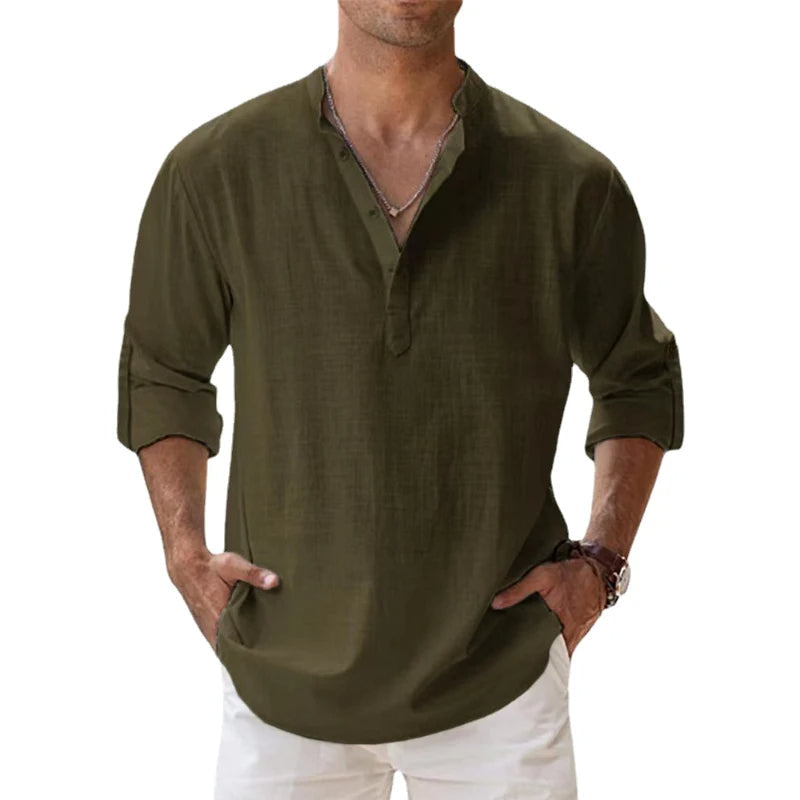 Herre Linned Henley Skjorte Afslappet Pasform Sommer Knap Hals Top