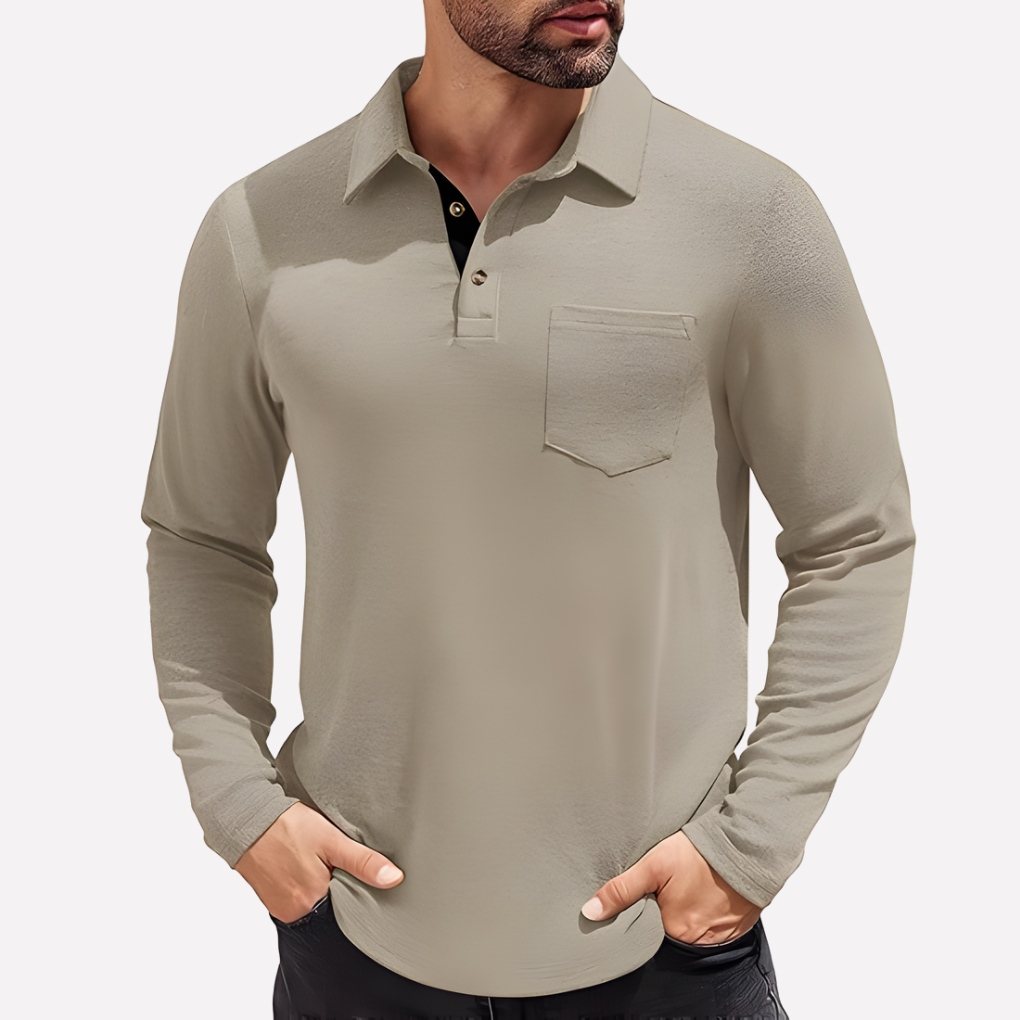 Herre Langærmet Polo T-shirt med Brystlomme, Casual Fit