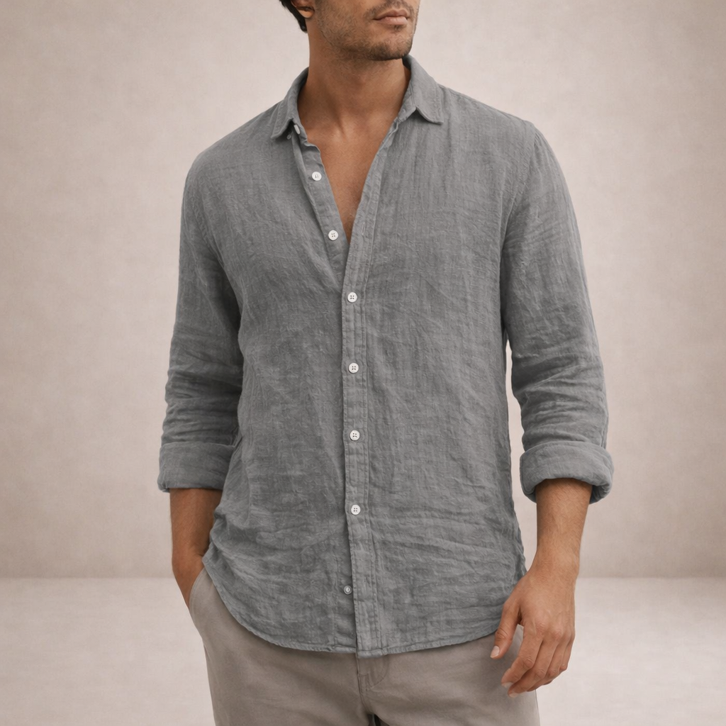 Herre Regular Fit Linned Knap-Ned Casual Skjorte