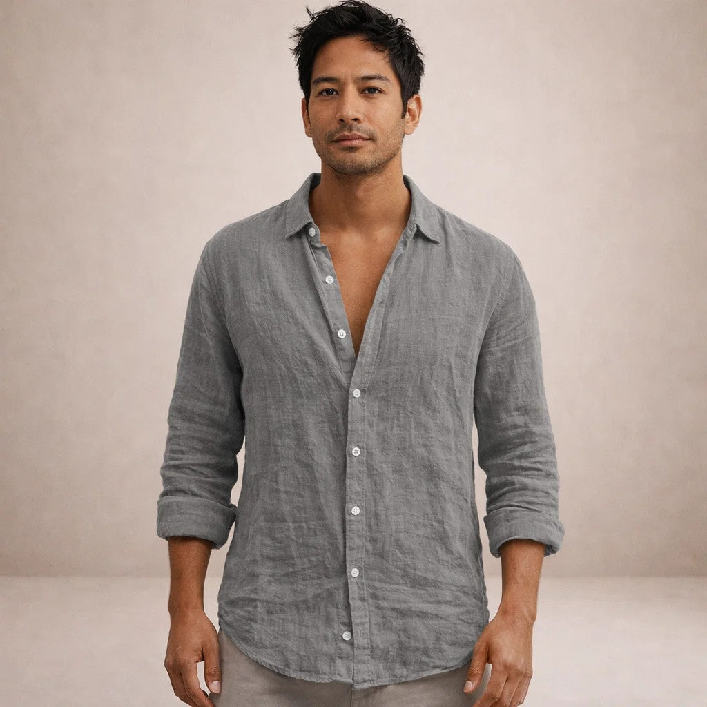 Herre Regular Fit Linned Knap-Ned Casual Skjorte
