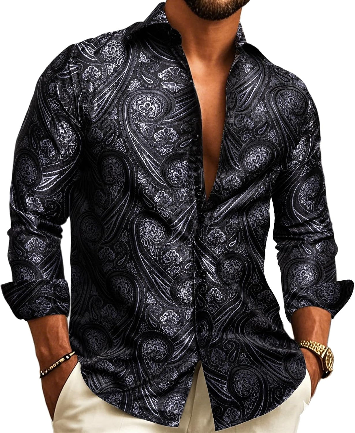 Herre Paisley Jacquard Skjorte – Forfinet Langærmet Stil til Bryllupper og Aftenkjole