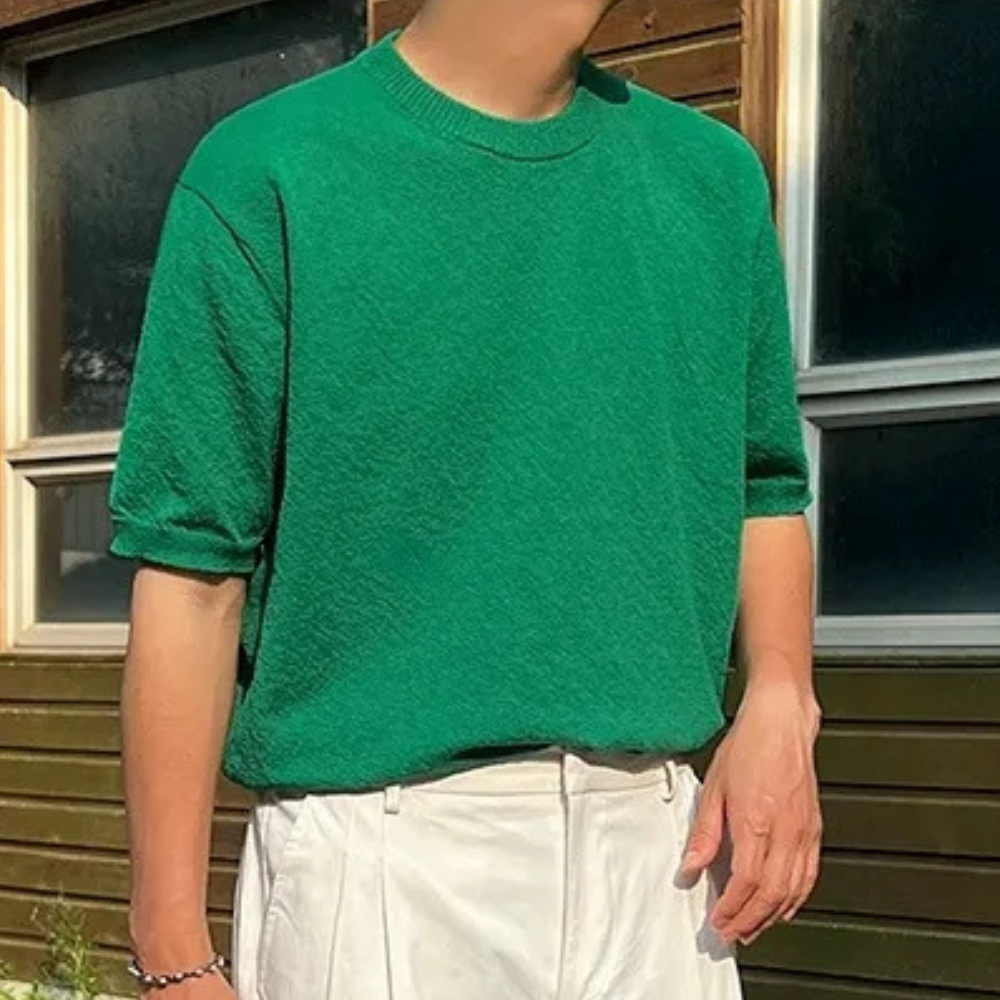 Herre T-shirt i tekstureret strik, klassisk crew neck, afslappet top