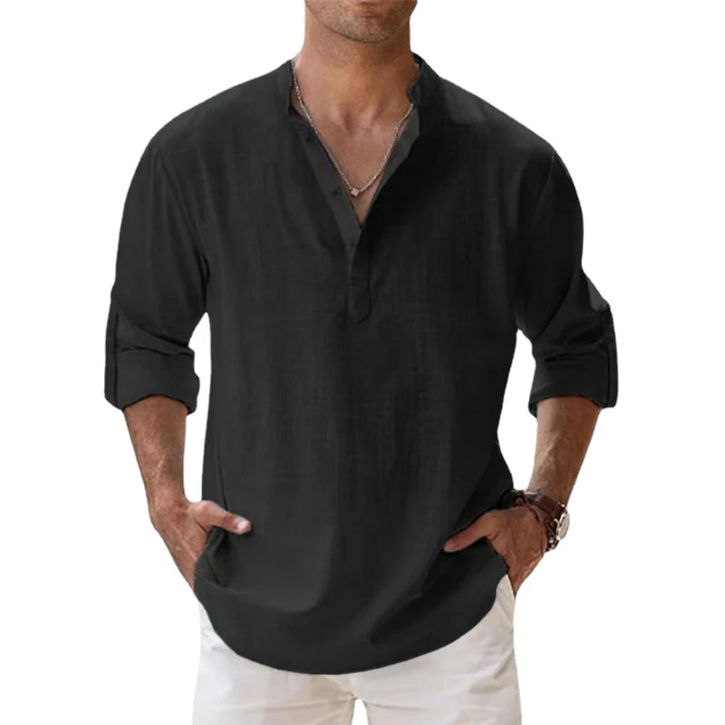 Herre Linned Henley Skjorte Afslappet Pasform Sommer Knap Hals Top