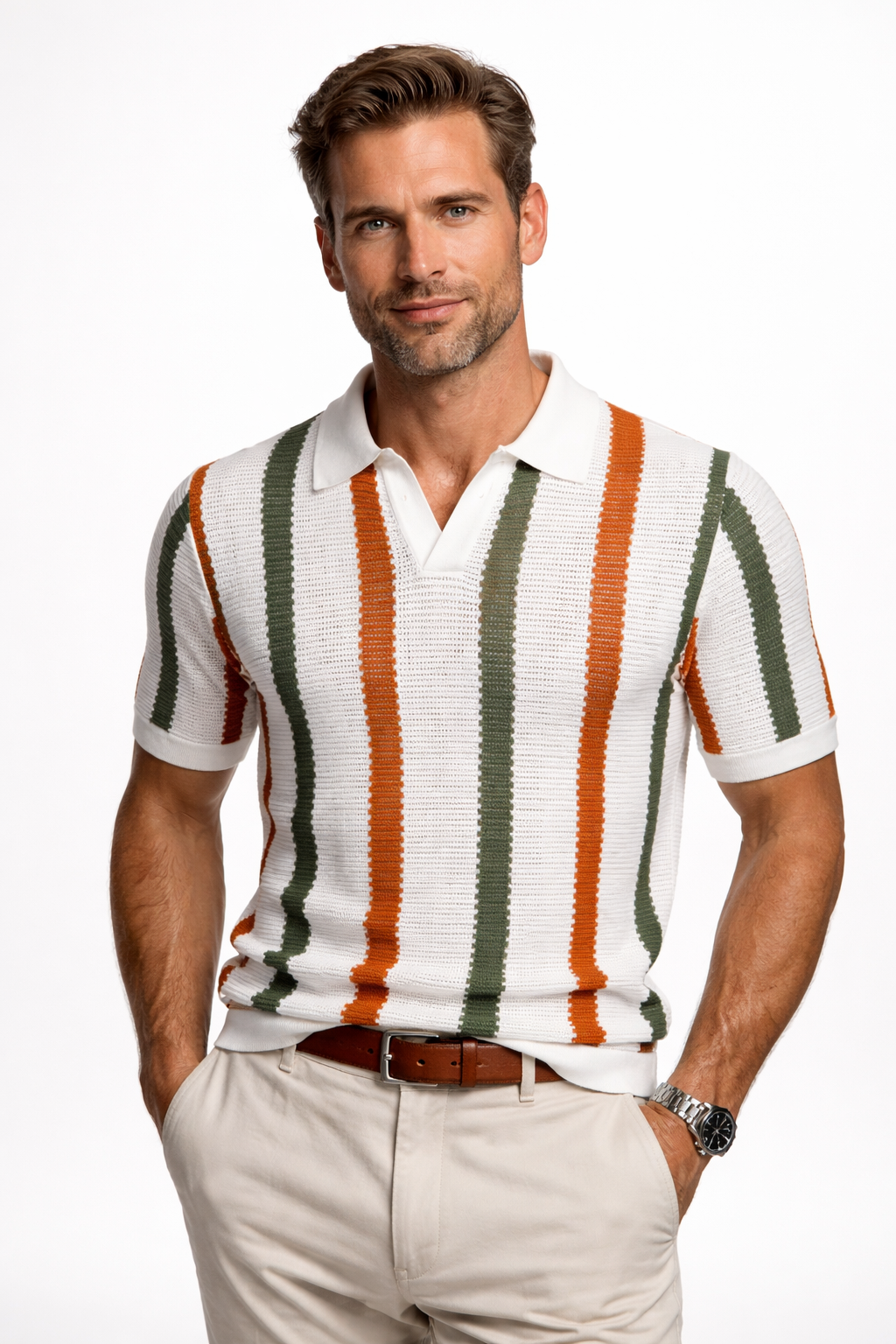 Herre Strikket Polo T-shirt med Lodrette Striber og Åben Krave