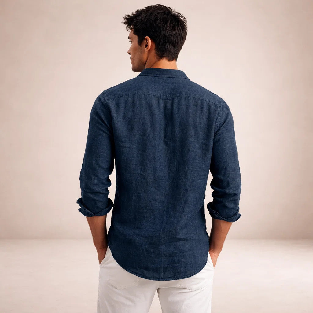 Herre Regular Fit Linned Knap-Ned Casual Skjorte