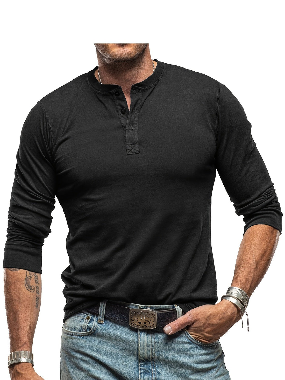 Herres Langærmet Henley T-Shirt – Stretch Casual Lag til Hverdagsbrug