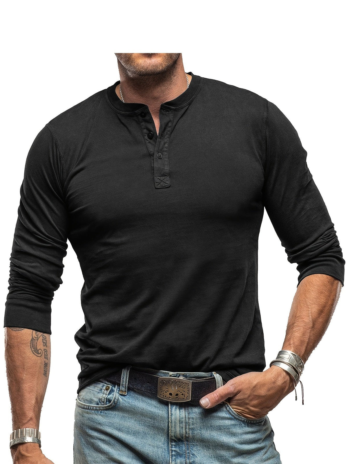 Herres Langærmet Henley T-Shirt – Stretch Casual Lag til Hverdagsbrug