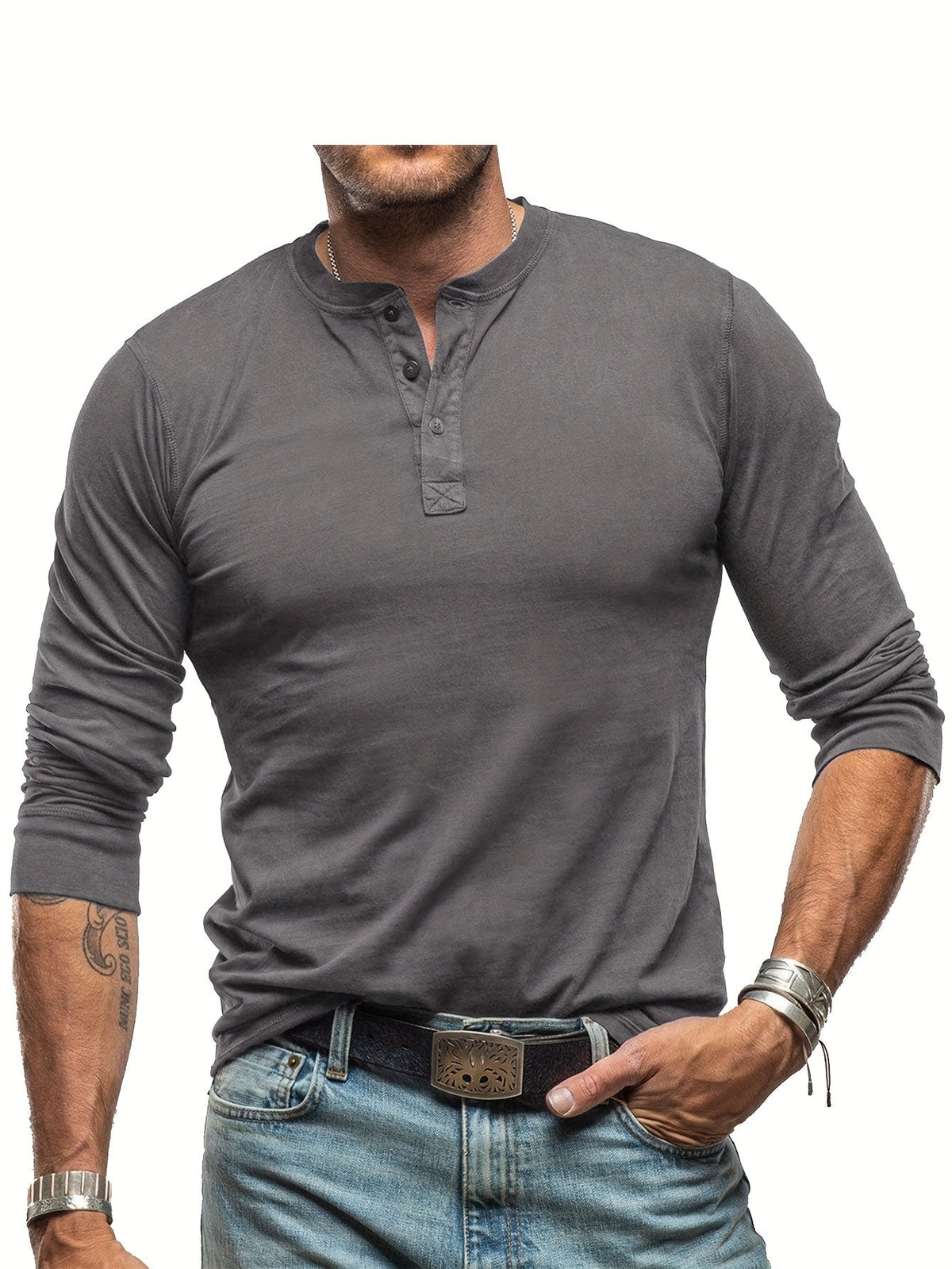 Herres Langærmet Henley T-Shirt – Stretch Casual Lag til Hverdagsbrug