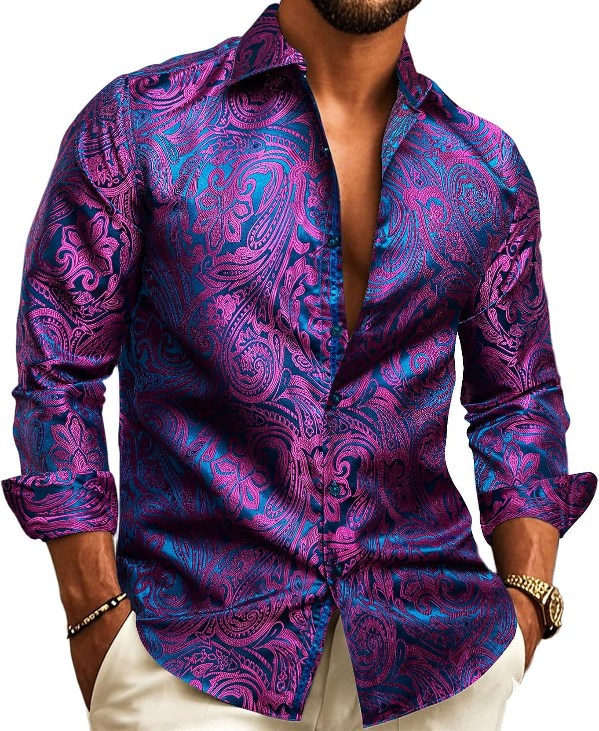 Herre Paisley Jacquard Skjorte – Forfinet Langærmet Stil til Bryllupper og Aftenkjole