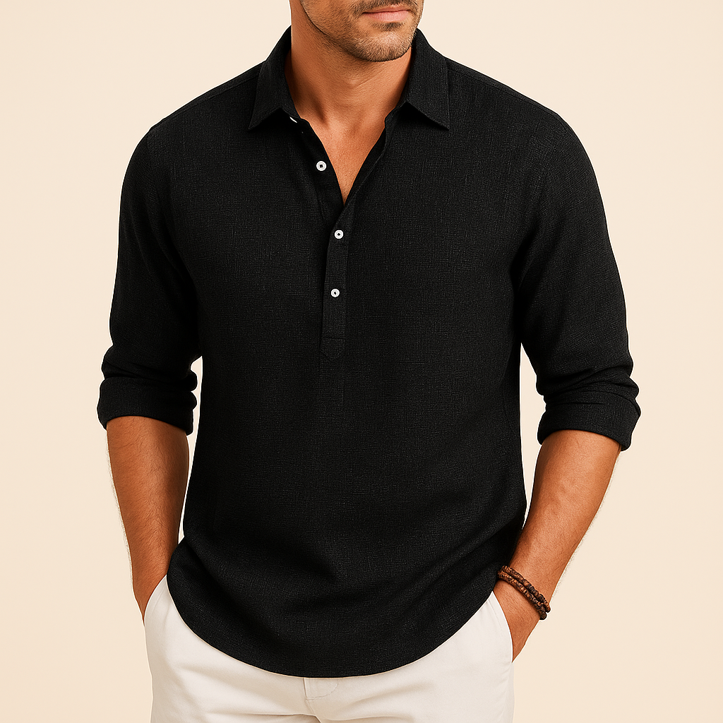Herre Langærmet Polo Skjorte Relaxed Fit Knap Hals Top