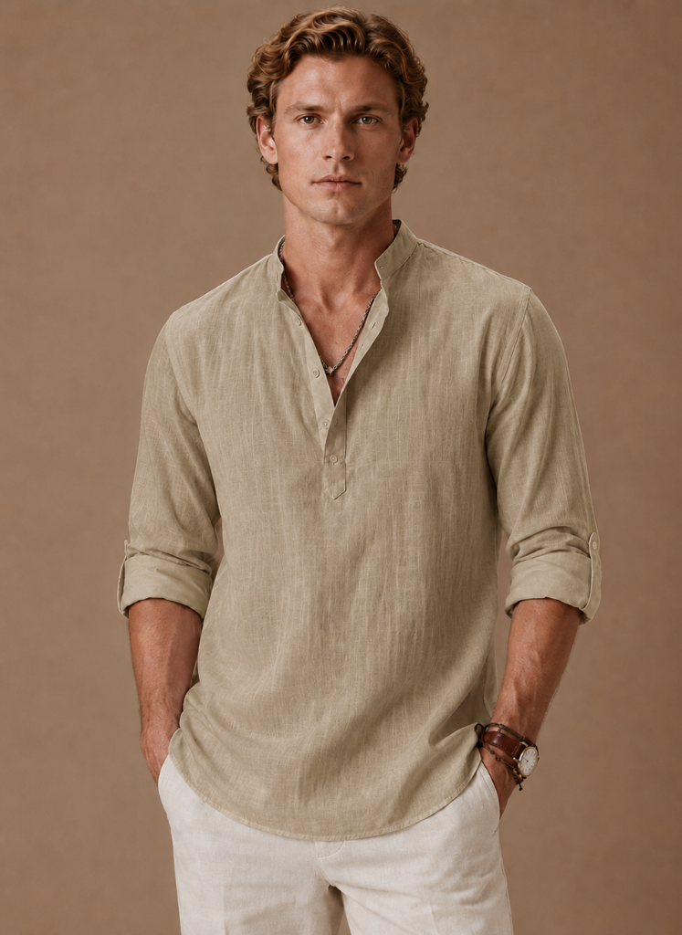 Herre Grandad Krave Linned Skjorte – Afslappet Casual Fit | Areleon