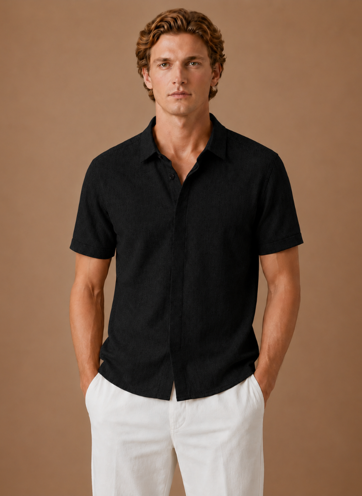 Herre Kortærmet Linned Look Bomuldsskjorte – Smart Casual | Areleon