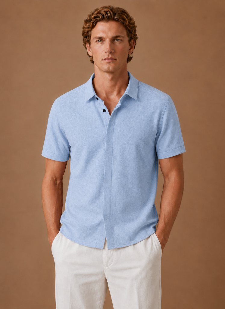 Herre Kortærmet Linned Look Bomuldsskjorte – Smart Casual | Areleon